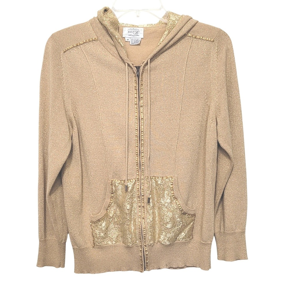 Just B Gold Metallic Sequin Lace Zip Up Hoodie Sweater Womens Medium Champagne